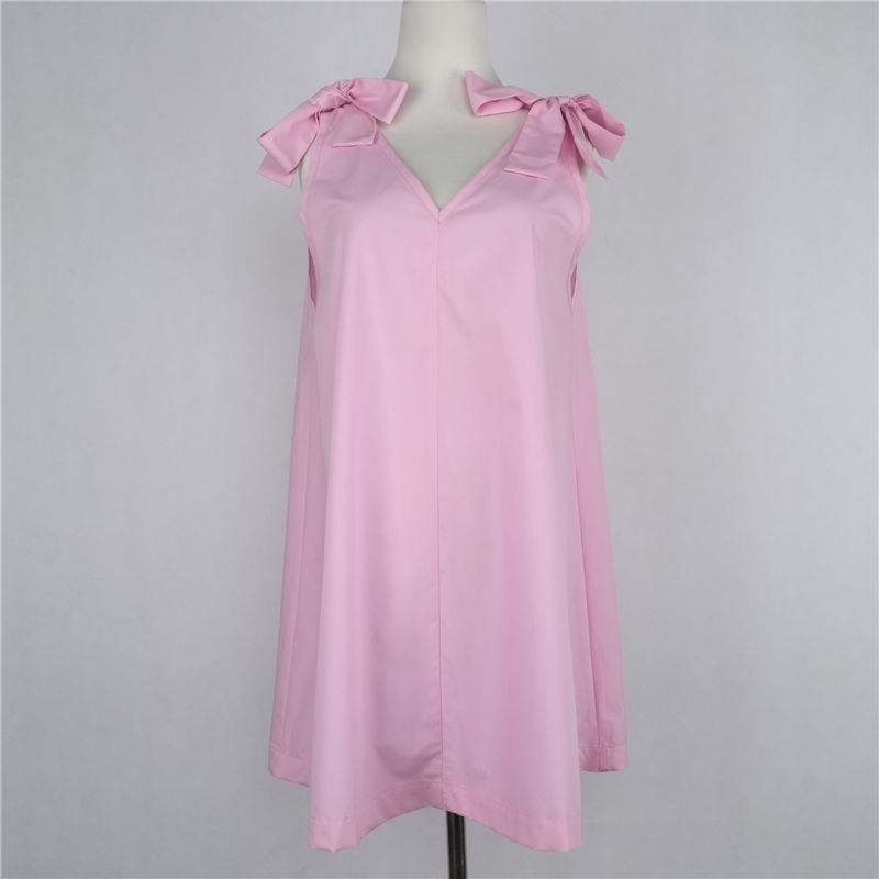Loose Dress Bow Off Shoulder Casual Women Dress Sexy V Neck Sleeveless Mini Dresses Plus Size Lady Dress Pink