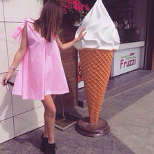 Loose Dress Bow Off Shoulder Casual Women Dress Sexy V Neck Sleeveless Mini Dresses Plus Size Lady Dress Pink