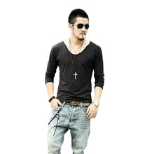 mens-exclusive-pretty-tops-deep-v-neck-long-sleeve-t-shirts-stunning-cut-off-border-plus-size-y4 BBL