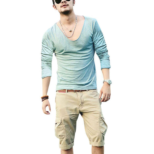 mens-exclusive-pretty-tops-deep-v-neck-long-sleeve-t-shirts-stunning-cut-off-border-plus-size-y4 BBL
