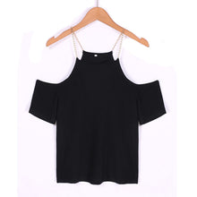 Metal Chain Off Shoulder T shirt Women Sexy Top tshirt Women Black Cotton Strap Tee Shirt Femme Plus Size Women's T shirt