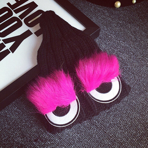 Monster Eye Faux Fur Eyelash Knitted Beanie Hat Cap Women Knit Skullies Cute cappelli bonnets