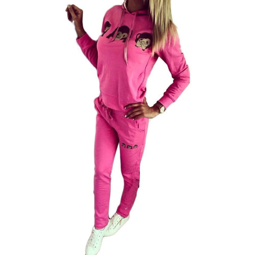 Women Casual Cartoon Monkey Hooded Long Sleeve Two Lovely Colors Tracksuit Sweatshirt Suit Plus Size S-XL Set