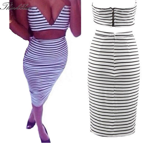 2 Pieces Sexy Black & White Stripe Women Crop Top And Skirt Set Deep V-neck Bustier Crop Top + Pencil Skirt Set