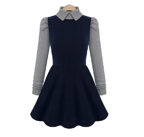 Women Casual Dress Long Sleeve Peter Pan Collar Knitted Patchwork Dress Vintage Plus Size Vestidos DH1302