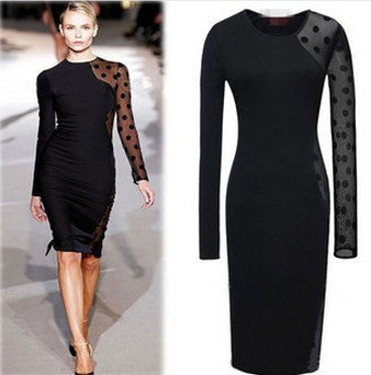 Dress Sexy Hollow Out Sheer Sleeve Dot Women Dress Plus Size Bodycon Dresses XL XXL