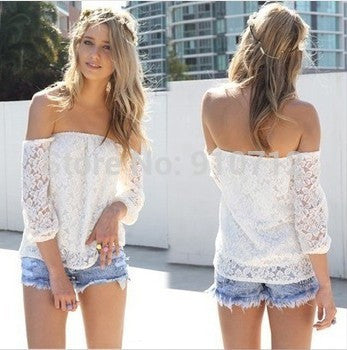 Women Lace Blouses Shirt Off Shoulder Slash Neck Ladies Lace Blusas Women Tops Sheer Floral Crochet Sexy Blouse