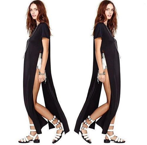 Women Dress Shirts Short Sleeve Plus Size High Slit Casual Long Dresses Gray White Black Vestidos