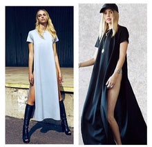 Women Dress Shirts Short Sleeve Plus Size High Slit Casual Long Dresses Gray White Black Vestidos