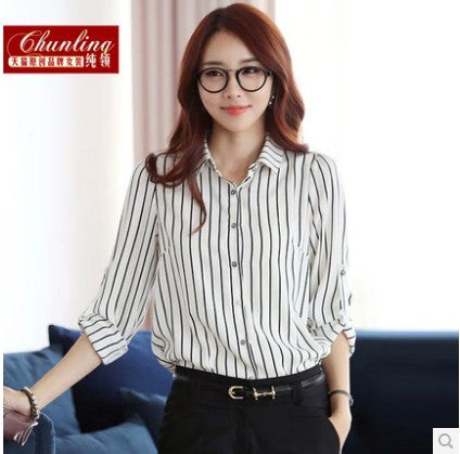 Elegant Long Sleeve Striped Blouse Shirt Women Turn Down Collar Button Up Blouses Plus Size Blusas Femininas