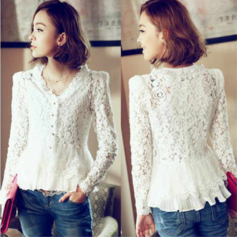 Women White Lace Blouse Chiffon Shirt Blusa Renda Ladies V-Neck Women's Tops Long Sleeve Patchwork Shirts