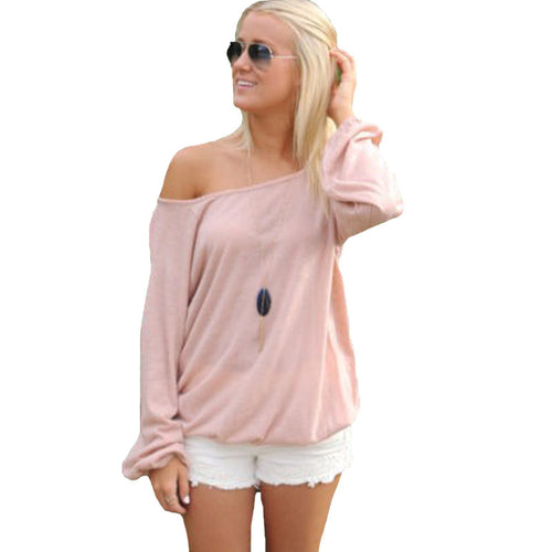 Sexy Deep V Backless Top Plus Size Women Clothing Slash Neck Long Sleeve T Shirt Women Casual Loose T-shirt