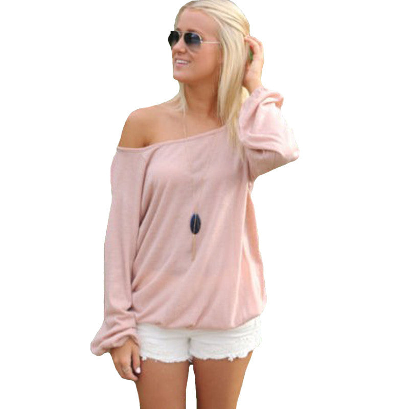 Sexy Deep V Backless Top Plus Size Women Clothing Slash Neck Long Sleeve T Shirt Women Casual Loose T-shirt