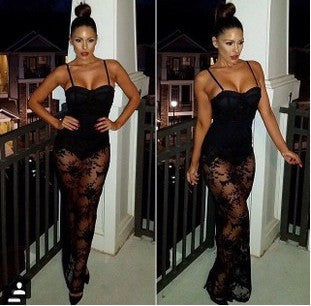 Sexy Lace Embroidery Mesh Club Dresses Black Night Club Party Dresses Maxi Long Lace Dress Bodycon Women Dress