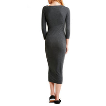 Casual Dark Grey Round Neck Three Quarter Sleeve Skinny Sheath Pencil Dress Women Long Dresses J6033