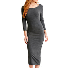 Casual Dark Grey Round Neck Three Quarter Sleeve Skinny Sheath Pencil Dress Women Long Dresses J6033