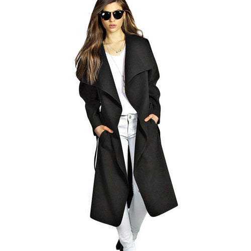 Turn Down Collar Trench Coat Elegant Slim Belt Wool Trench Coat For Women Long Sleeve Trench Long