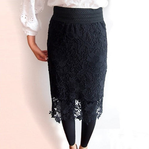 Black White Lace Skirts Womens High Waist Midi Skirt Wide Band Elastic Waist Pencil Skirt Lace Crochet Sexy Skirt Saia