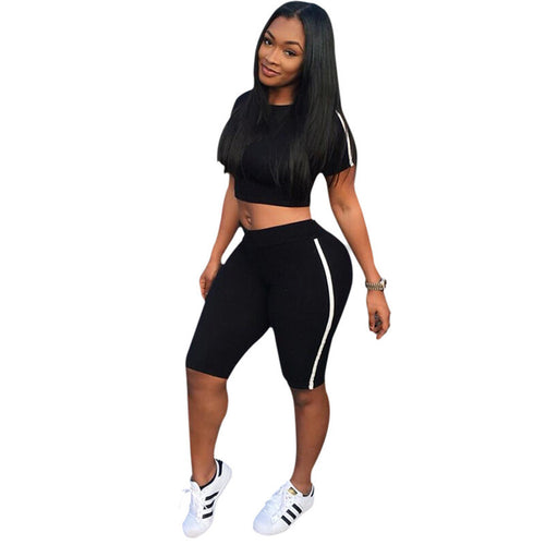 Black White Patchwork Sport Jumpsuit Elastic Fitness Sports Pants + Short Sleeve Crop Top Gym Jumpsuit Women