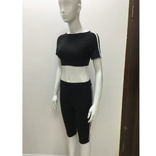 Black White Patchwork Sport Jumpsuit Elastic Fitness Sports Pants + Short Sleeve Crop Top Gym Jumpsuit Women