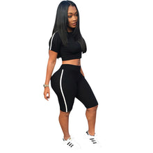 Black White Patchwork Sport Jumpsuit Elastic Fitness Sports Pants + Short Sleeve Crop Top Gym Jumpsuit Women