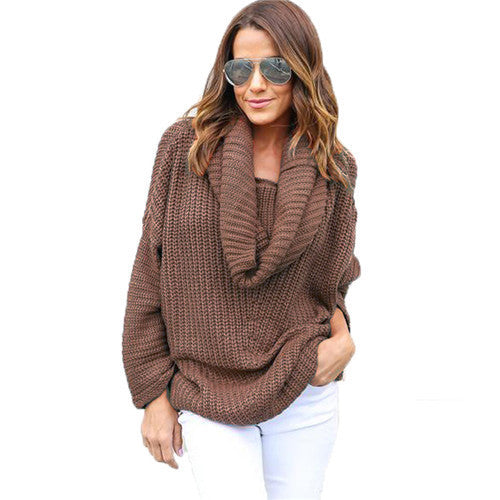 Casual Scarf Collar Women Sweater Loose Jumper Knitted Sweater Solid Color Long Sleeve Pull Femme Knitwear Pullovers