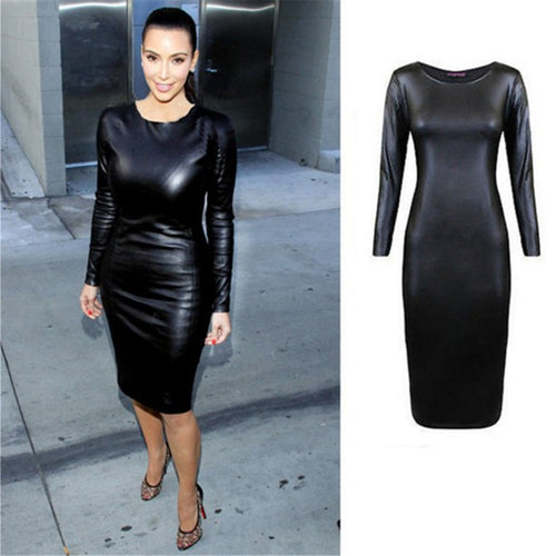 Celebrity Sexy Black Faux Leather DressWomen Long Sleeve PU Leather Bodycon Dress Sexy Club Dress Party For Women XXL