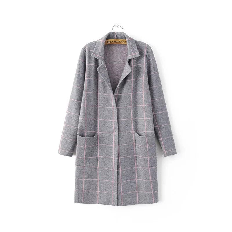 Classic Plaid Knitted Cardigan Long Women's Jacket Long Sleeve Turn Down Collar Sweater Cardigan Women