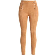 England Style Double Breasted Pants Women High Waisted Faux Suede Leather Pants Pantalon Femme Side Zipper Up Trousers