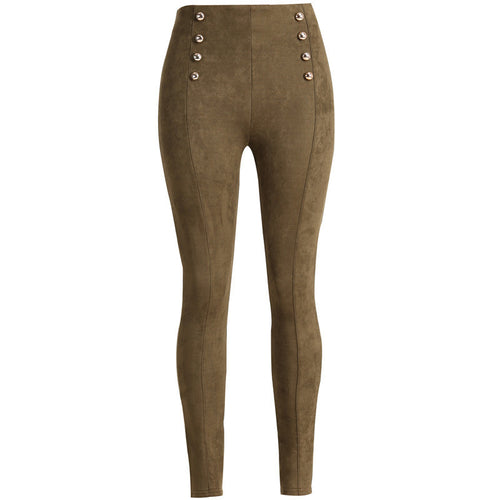 England Style Double Breasted Pants Women High Waisted Faux Suede Leather Pants Pantalon Femme Side Zipper Up Trousers