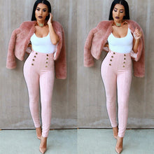 England Style Double Breasted Pants Women High Waisted Faux Suede Leather Pants Pantalon Femme Side Zipper Up Trousers