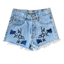 Blue Rose Embroidery Denim Shorts 3D Flower High Waist Jeans Short Femme Casual Shorts Plus Size