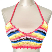 Handmade Crochet Top Beachwear Halter Neck Bustier Crop Top Rainbow Stripe Knitted Crop Tops Bralette