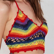 Handmade Crochet Top Beachwear Halter Neck Bustier Crop Top Rainbow Stripe Knitted Crop Tops Bralette