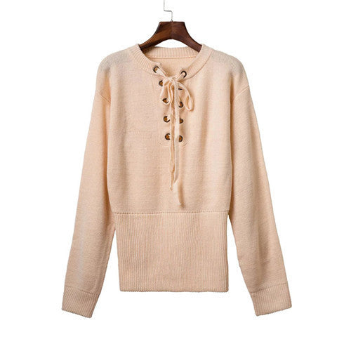 Lace Up Loose Knitwear Pullover Sexy Jumper Long Sleeve Knitted Top Sweater Women Casual Elastic Hem Pullover