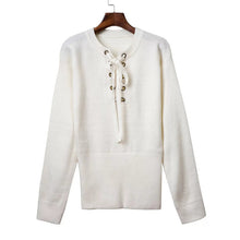 Lace Up Loose Knitwear Pullover Sexy Jumper Long Sleeve Knitted Top Sweater Women Casual Elastic Hem Pullover