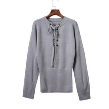 Lace Up Loose Knitwear Pullover Sexy Jumper Long Sleeve Knitted Top Sweater Women Casual Elastic Hem Pullover
