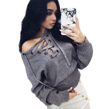 Lace Up Loose Knitwear Pullover Sexy Jumper Long Sleeve Knitted Top Sweater Women Casual Elastic Hem Pullover