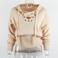 Lace Up Loose Knitwear Pullover Sexy Jumper Long Sleeve Knitted Top Sweater Women Casual Elastic Hem Pullover