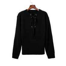 Lace Up Loose Knitwear Pullover Sexy Jumper Long Sleeve Knitted Top Sweater Women Casual Elastic Hem Pullover