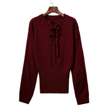 Lace Up Loose Knitwear Pullover Sexy Jumper Long Sleeve Knitted Top Sweater Women Casual Elastic Hem Pullover