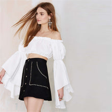 Off Shoulder Ruffle Top Flare Sleeve Chiffon Women Blouse Sexy Crop Top White Slash Neck Women Shirts