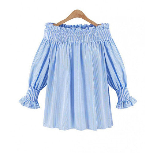 Off Shoulder Striped Blouses Loose Women Tops Slash Neck Lantern Sleeve Shirts Women Plus Size Women Clothing