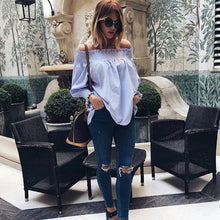 Off Shoulder Striped Blouses Loose Women Tops Slash Neck Lantern Sleeve Shirts Women Plus Size Women Clothing