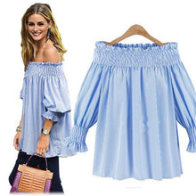Off Shoulder Striped Blouses Loose Women Tops Slash Neck Lantern Sleeve Shirts Women Plus Size Women Clothing