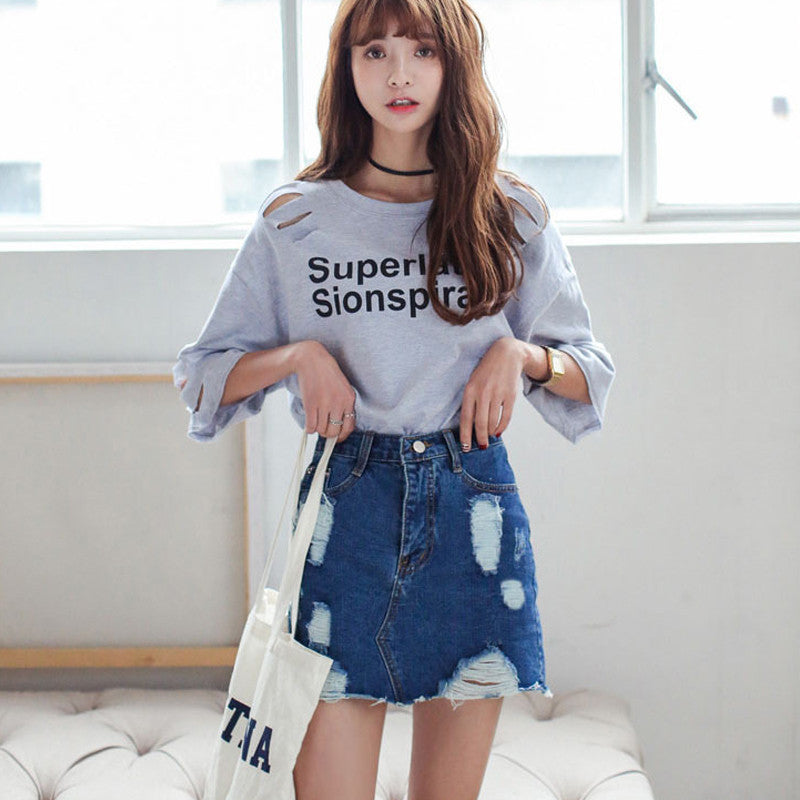 Ripped Denim Skirt Vintage High Waist Skirts Womens Sexy Bodycon Mini Skirt Ladies With Pockets