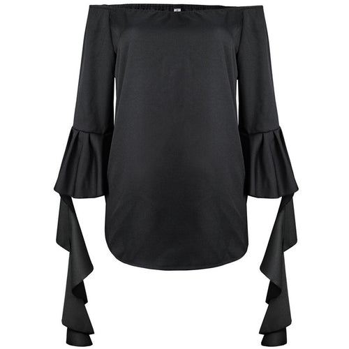 Ruffles Sleeve Women Blouse Black White Sexy Off Shoulder Top Women's Shirt Loose Slash Neck Shirts And Blouses