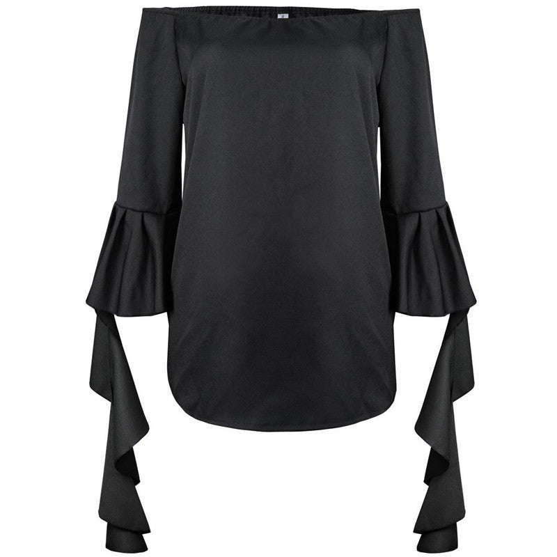 Ruffles Sleeve Women Blouse Black White Sexy Off Shoulder Top Women's Shirt Loose Slash Neck Shirts And Blouses