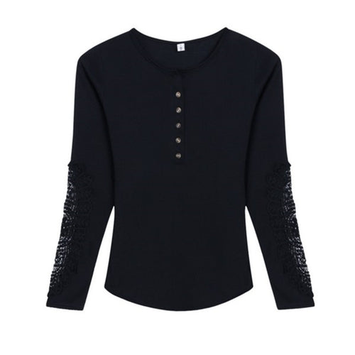 Lace Crochet Button T Shirt Women Hollow Lace Long Sleeve T Shirts For Women Slim Casual Tops Tee Shirt Femme