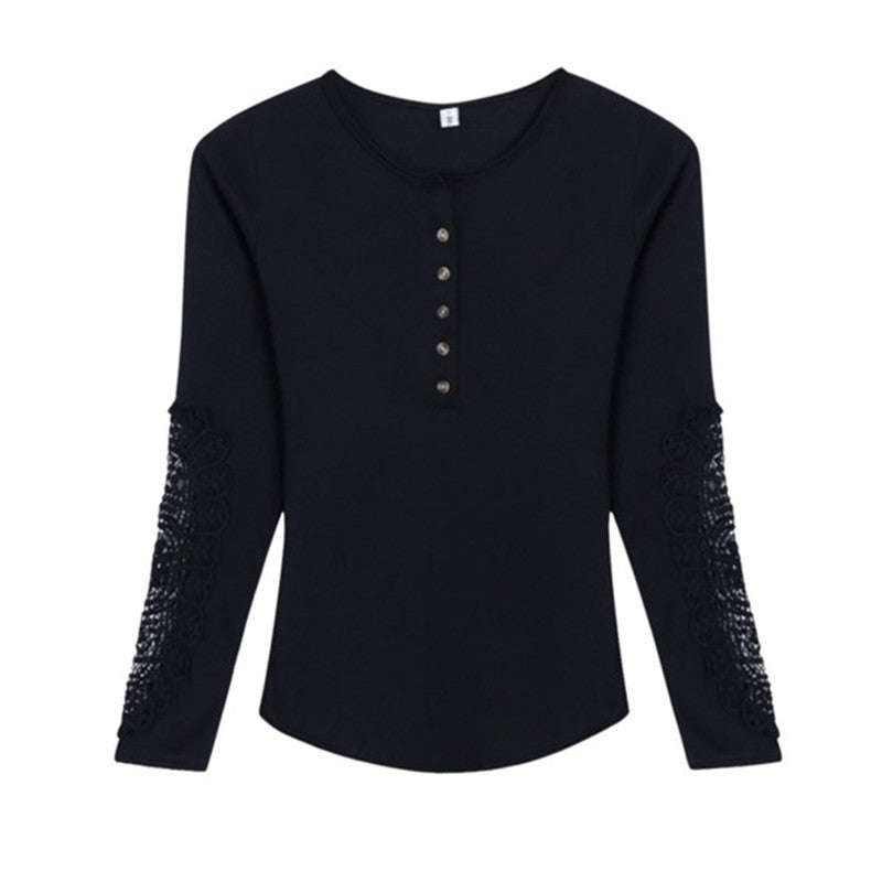 Lace Crochet Button T Shirt Women Hollow Lace Long Sleeve T Shirts For Women Slim Casual Tops Tee Shirt Femme